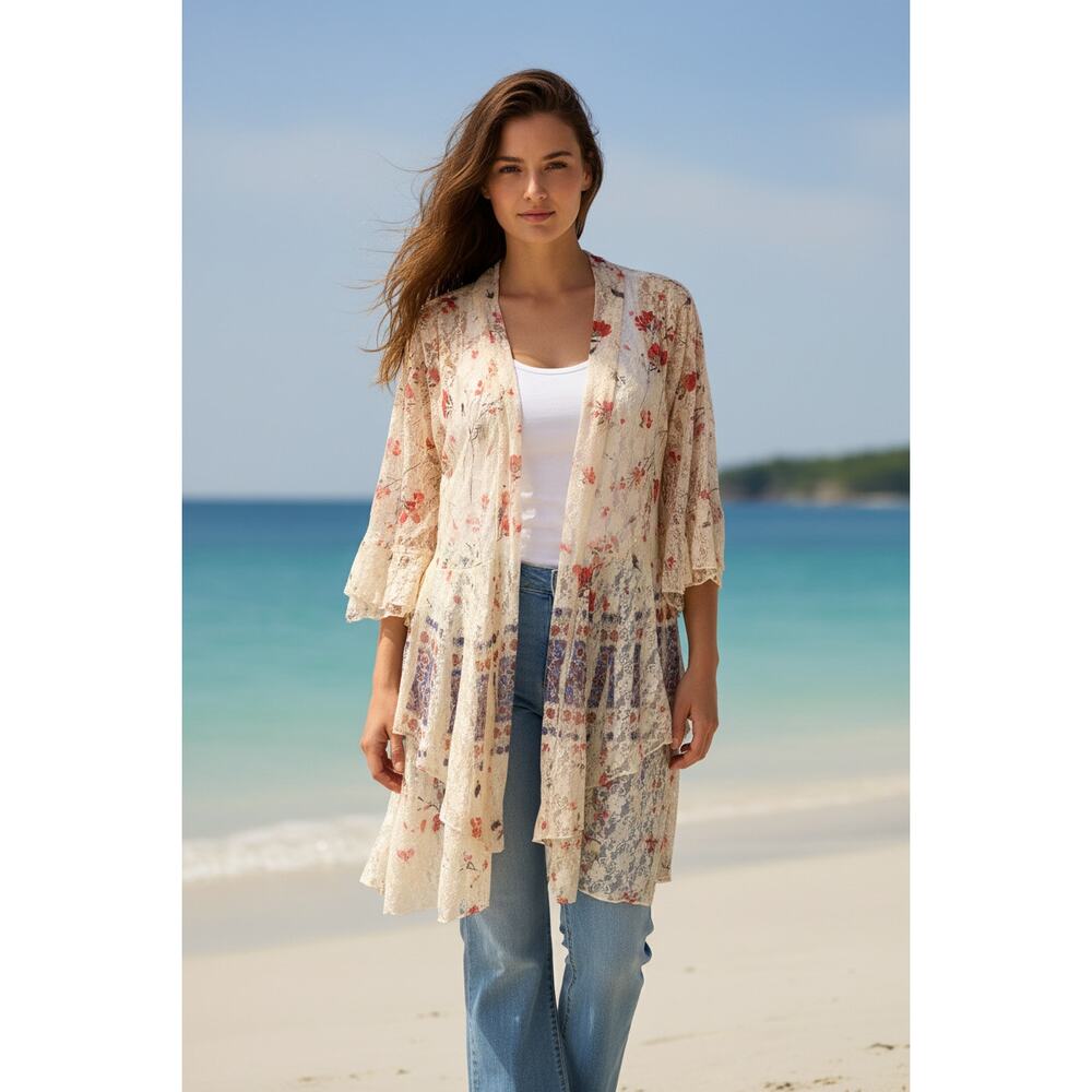 Origami Ivory Floral Hi-Lo Cardigan Small/Medium